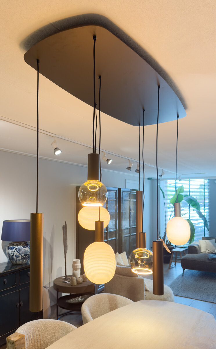 Hanglamp Riva Deens ovaal 8 lichts Platinum met lampion bulbs