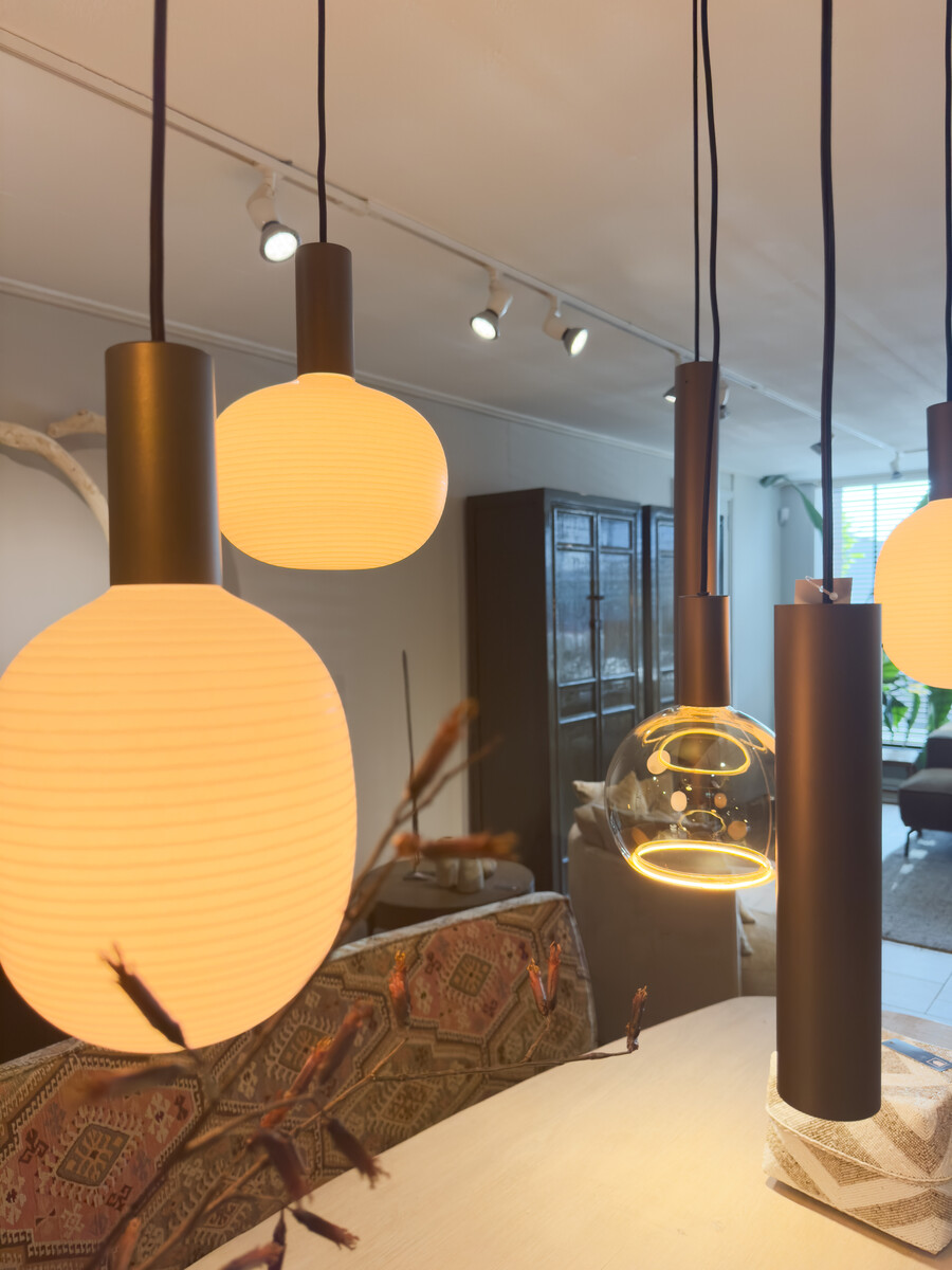 Hanglamp Riva Deens ovaal 8 lichts Platinum met lampion bulbs